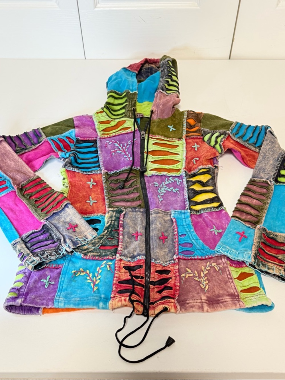 KPC Boho Patchwork Razor Cut Hoodie | Hippie Festival Cotton Jacket S